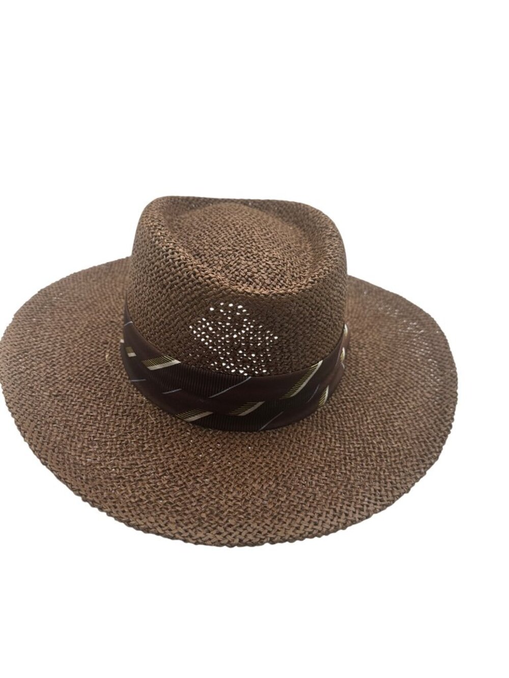 Mens Large Woven Straw Wide Brim Hat With Decorative Ribbon Band Brown